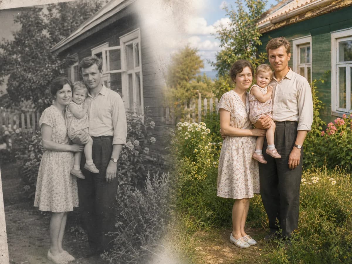 Старая семейная фотография до и после восстановления